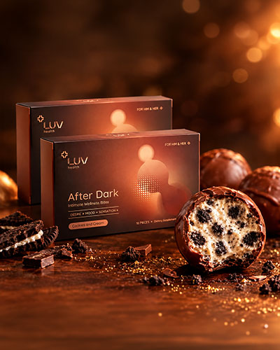 LUV Health After Dark intimate wellness bites in Cookies and Cream with chocolate-coated bite